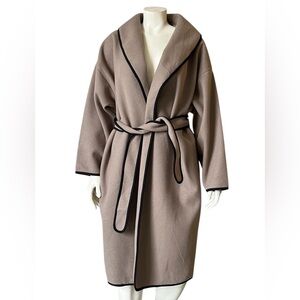 Oak & Fort Tan Wrap Coat With Contrast Piping Surplice Neckline Size Small